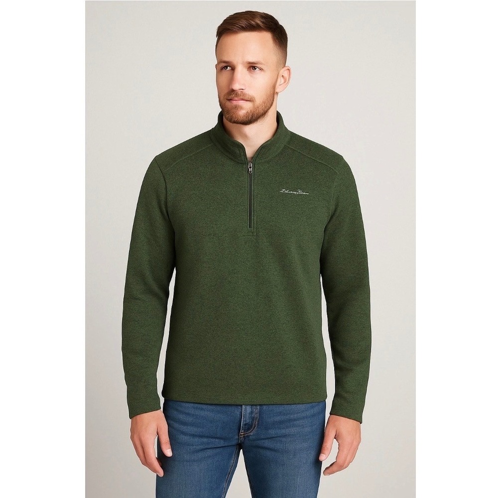 Eddie Bauer Mens Quarter Zip Pullover Sweater Dark Green Heathered Knit Large